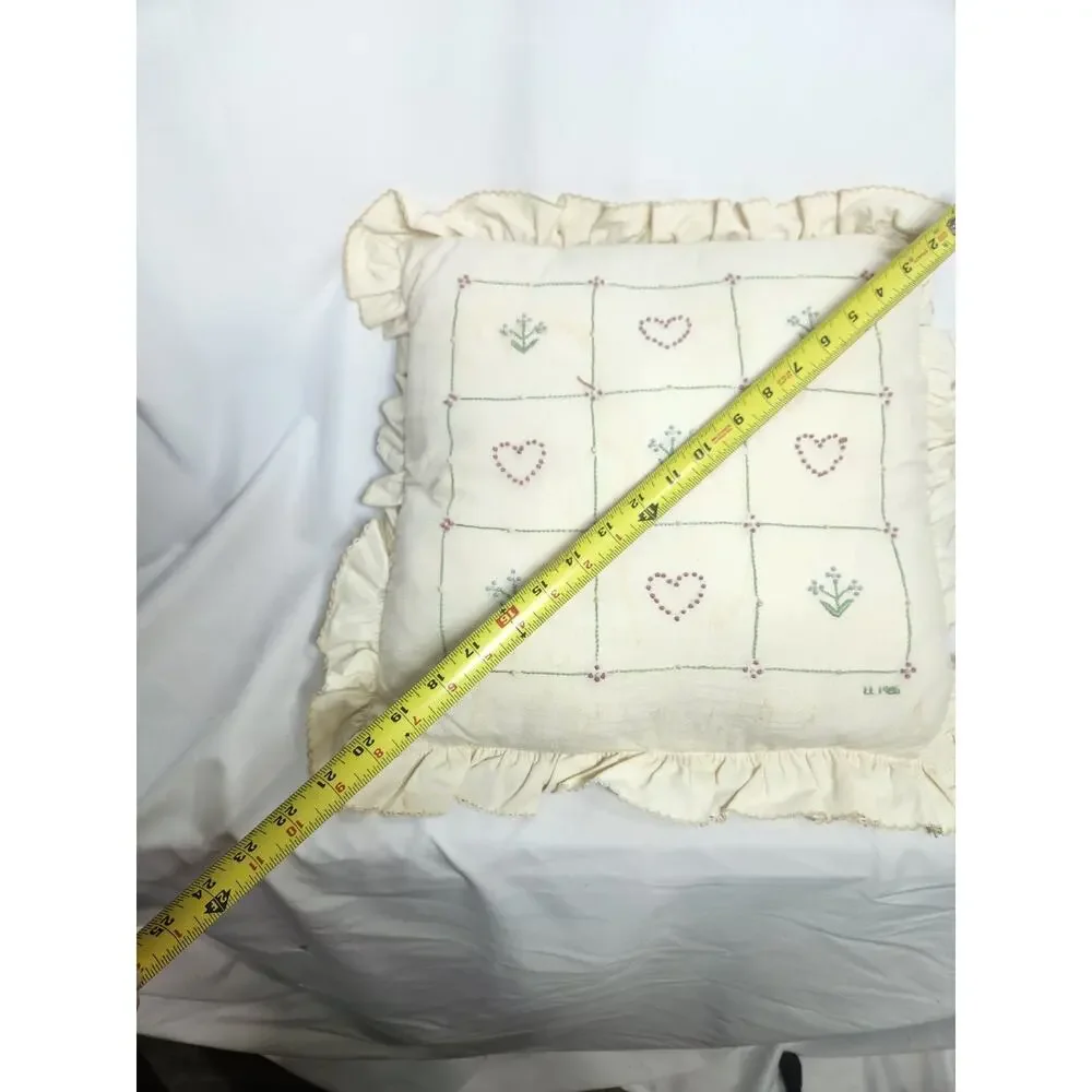 Vintage Handmade Embroidered Cottagecore Ruffle Throw Pillow Hearts & Blue...